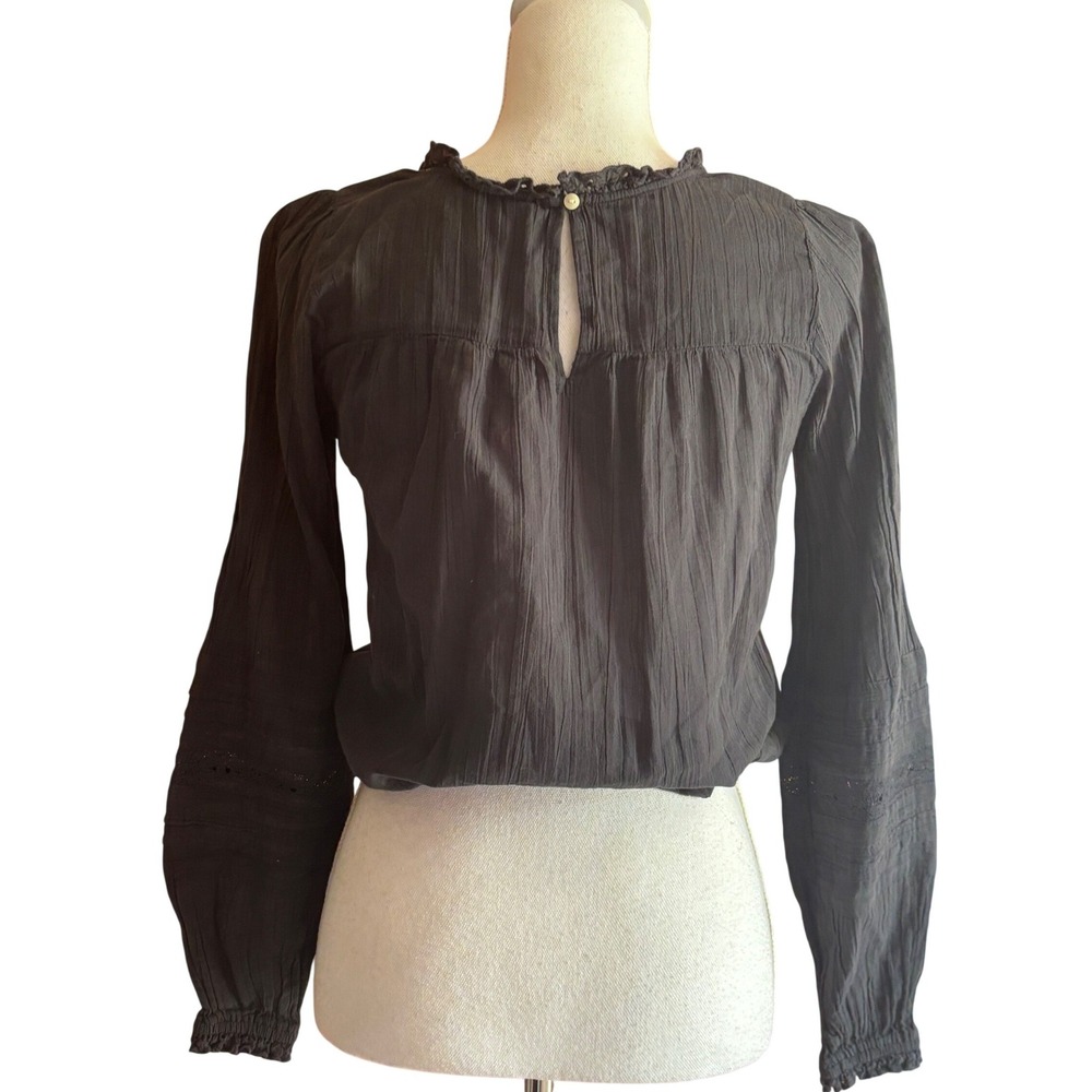 American Eagle Black Crinkle Gauze Lace Wrap Top Boho Eyelet Romantic Peasant - Picture 4 of 6